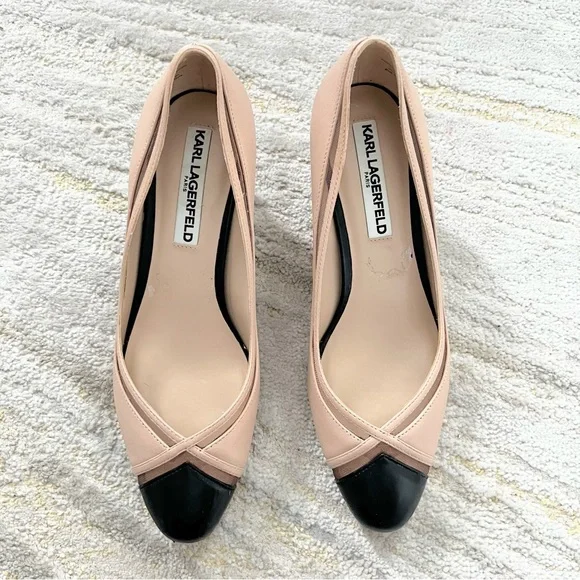 Karl Lagerfeld Paris Nude & Black Cap Toe Pumps Size 6.5 - Picture 11 of 11